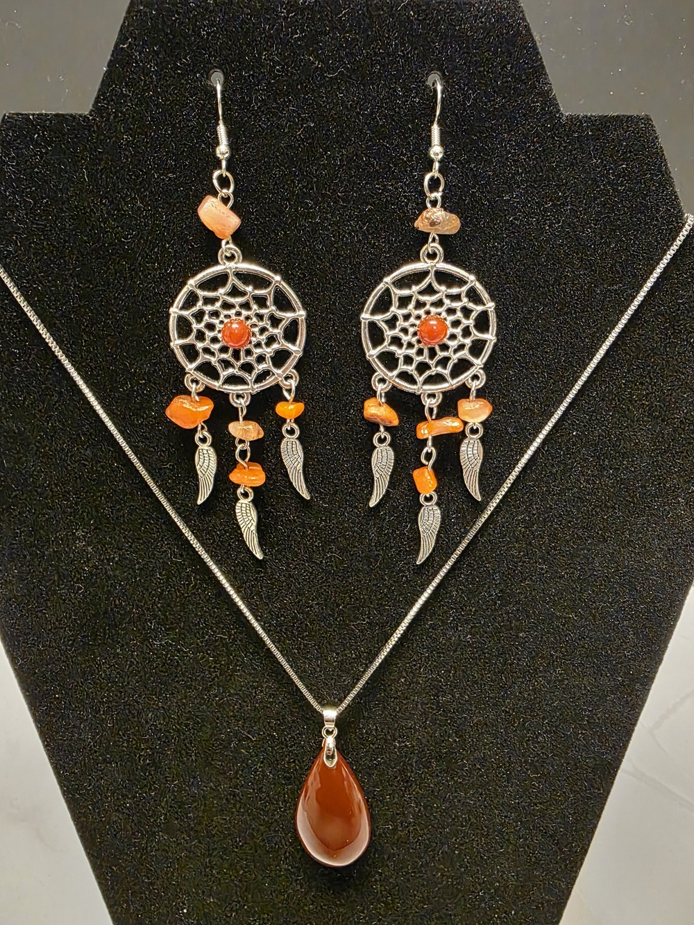 Carnelian Dreamcatcher Earrings & Teardrop Pendant Necklace Set